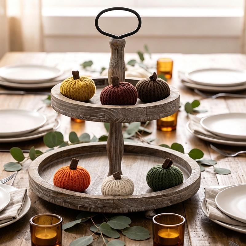 Fall Pumpkin Decorations Set of 6, Knitted Polyester Ornament with Fabric Tabs for Thanksgiving Tables, Shelves, Windowsills and Indoor Foliage
