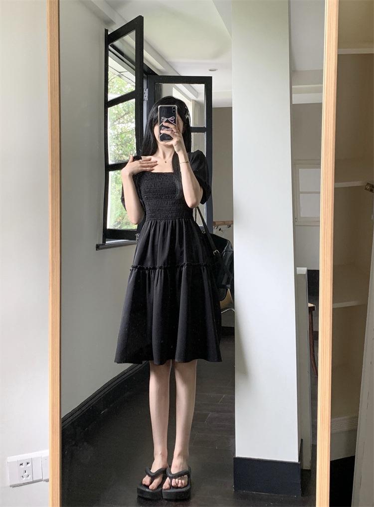 Plus Size French Bubble Sleeve Square Neck Summer Dress - Slimming Hepburn Style Little Black Dress