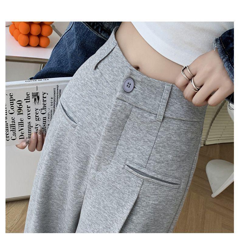 Gray High-Waisted Wide-Leg Pants for Petite, Loose Casual Commuter Style, Floor-Length for Spring/Autumn.