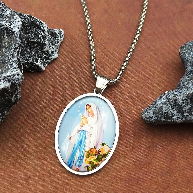 Virgin Mary Glass Oval Medal Pendant Necklace for Women Men Stainless Steel Gold Silver Color Catholic Amulet Jewelry Gift