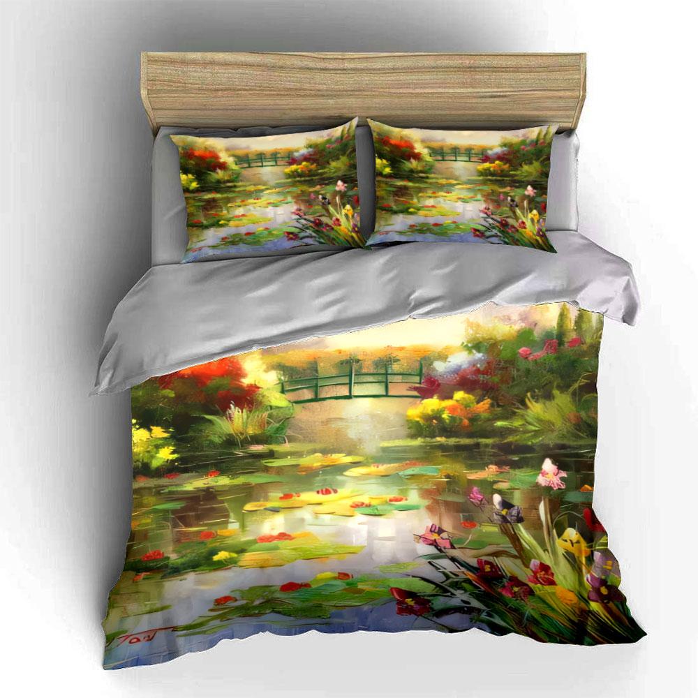 Ruhige Gartenbrücke Kunst-Set Schlafzimmer-Dekoration für Kinder und Erwachsene, Exquisites Dreiteiliges Bettwäsche-Set Geschenk