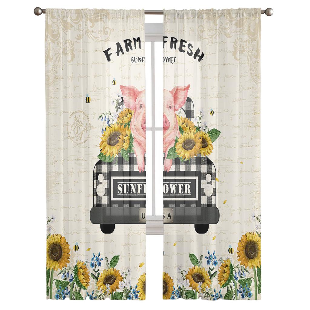Farm Sunflower Pig Vintage Letter Background Sheer Curtains for Living Room Modern Bedroom Voile Tulle Curtain Window Drapes