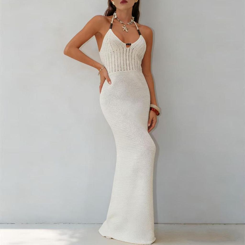 New Style Halter Neck Knitted Beach Dress - Sexy Long Beaded Wrap Skirt for Women