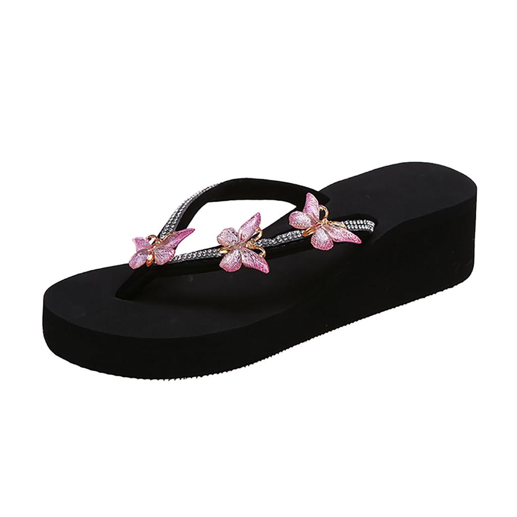 Summer Fashion Rhinestone Ladies Holiday Rubber Sole Beach Wedge Flip Flops