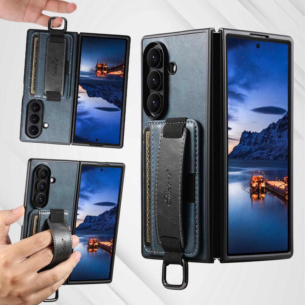 SUTENI Oil Wax Texture Leather Case for Samsung Z Fold 7/6/5 with Wrist Strap, Card Slot, and Stand