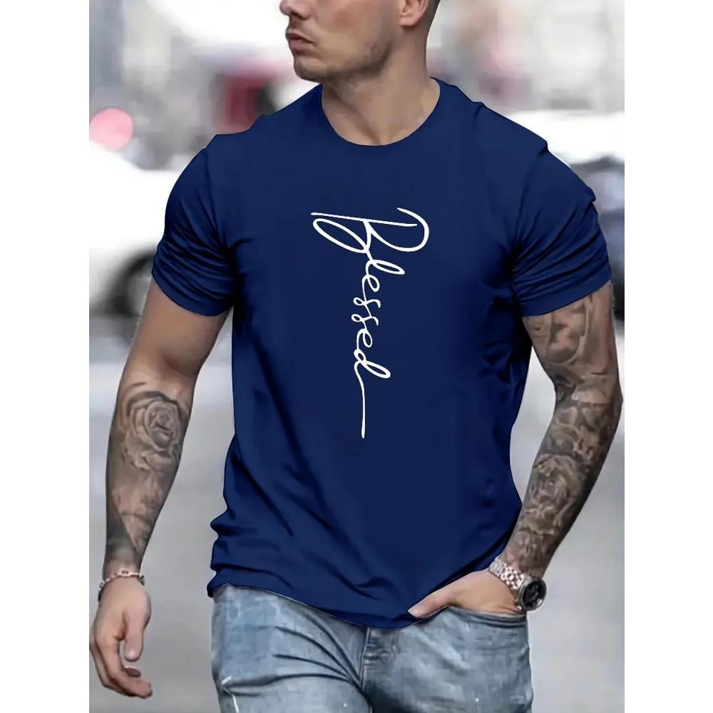 Men's summer loose fit oversized Blessed printed slim fit casual sports round neck short sleeved T-shirt top