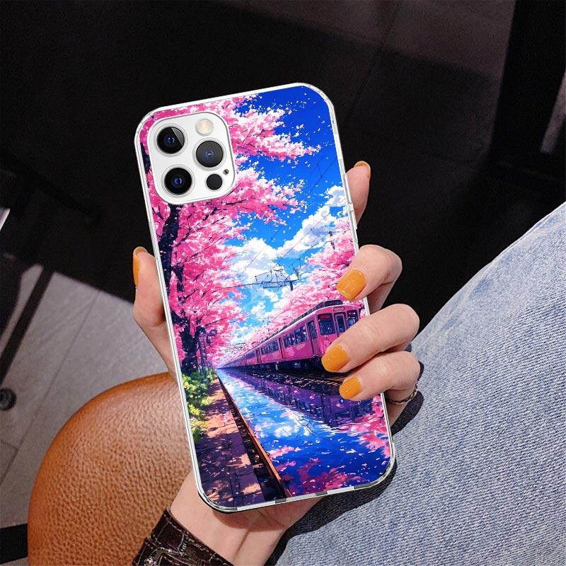 Retro Japanese Sakura Train Phone Case For iPhone 17 Air 16 Pro Max 16E 15 + 14 Plus 11 12 13 Mini 7 8 SE Gift Print Cover Funda