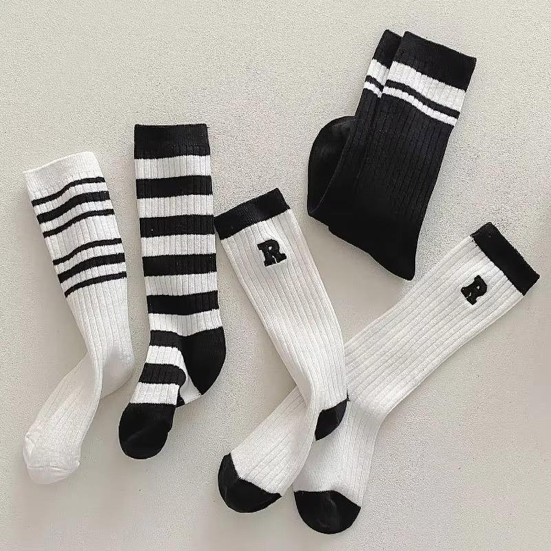 Spring Autumn Baby Cotton Kids Floor Sport Stockings New Korean White Black Striped Knee High Long Socks for Children Clothes