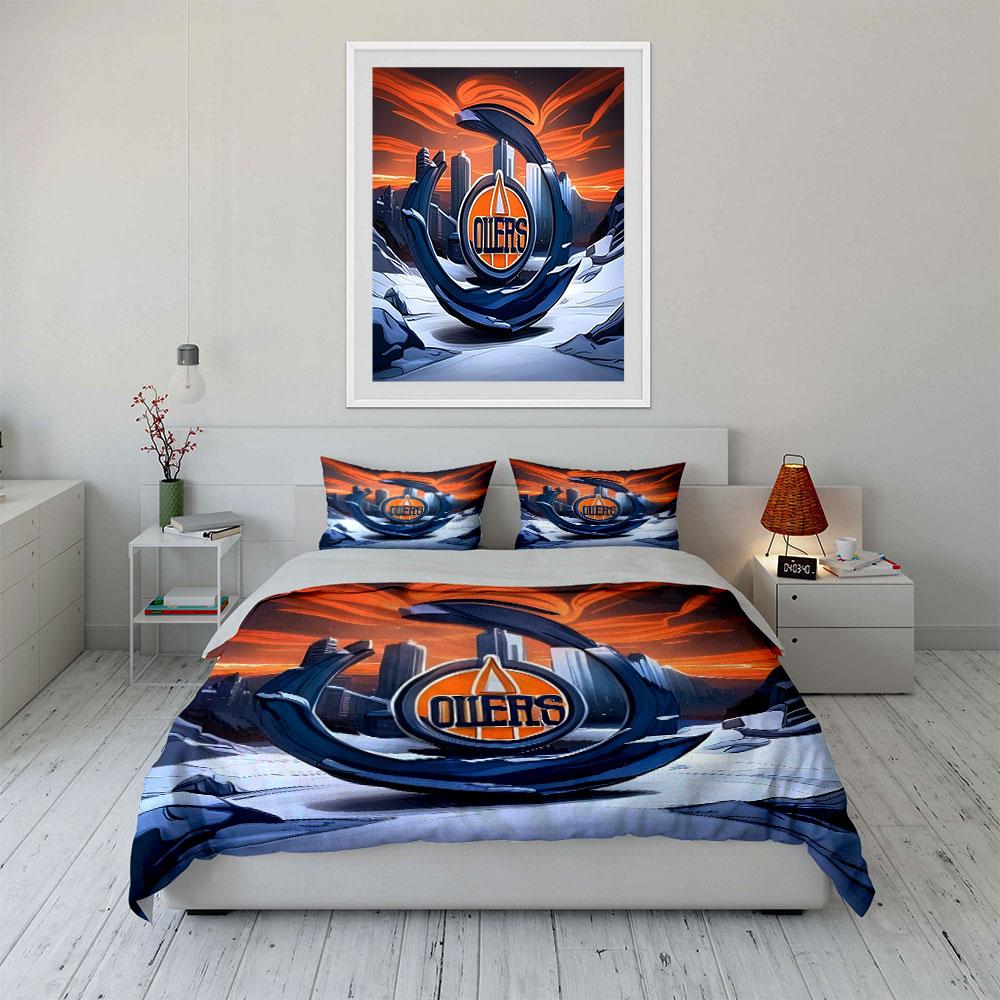 "Cityscape with Oilers Logo Design" Print Bedding Set Duvet Cover Pillowcases (1* Duvet Cover 2* Pillowcases Do Not Include Comforter)