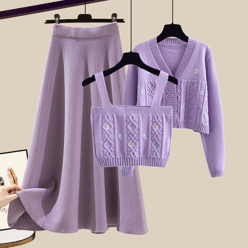 

Женские трикотажные юбки-костюмы Осень-зима Вязаный кардиган свитер Вязаная майка Юбка-зонтик Комплект из трех предметов Вязаная юбка А-силуэта Вязаный топ Наряды M