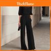 Summer Bamboo Leaf Print Chiffon Blouse And Wideleg Pants Set For Women