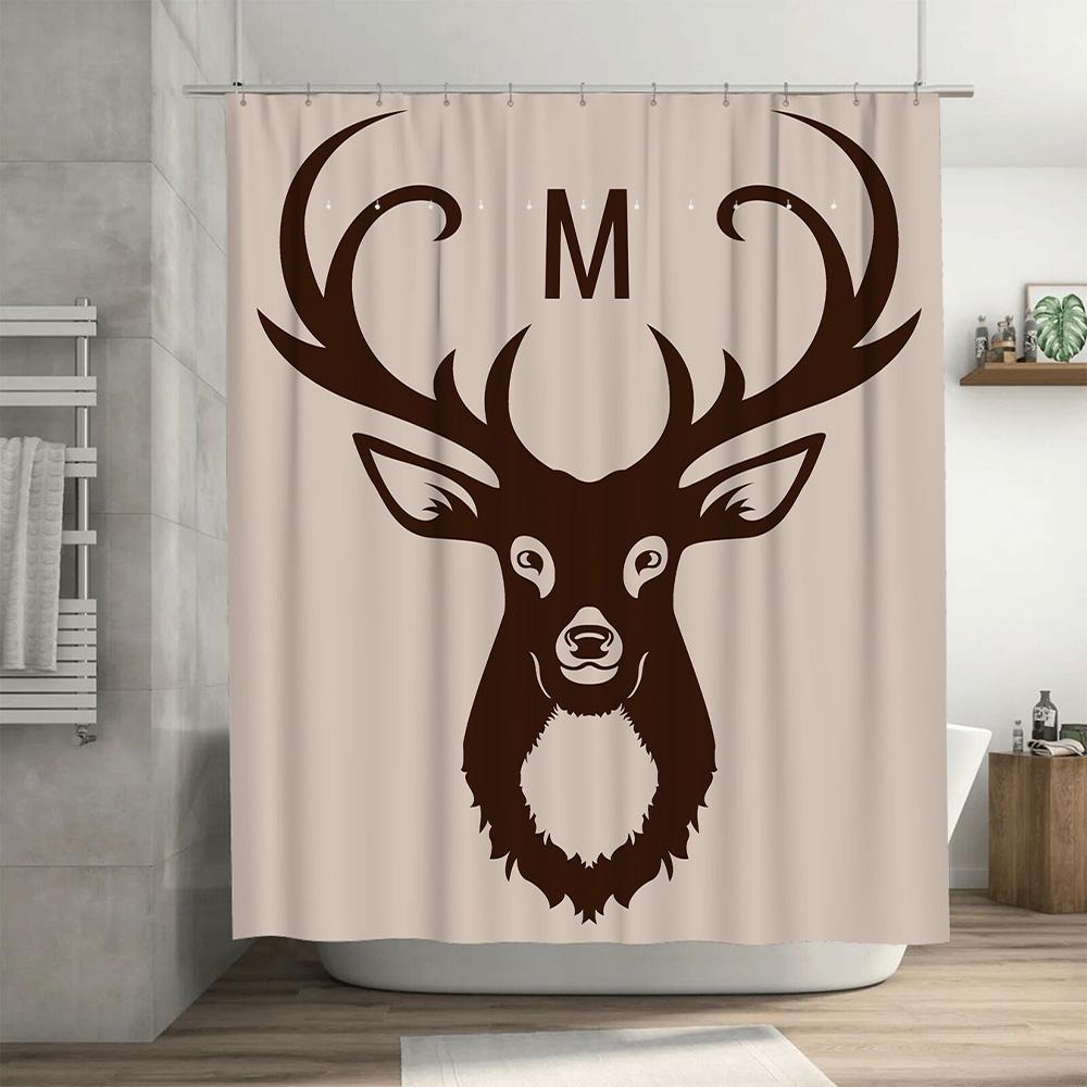 Deer Head Shower Curtain Monogram M Bath Decor Unique Brown Animal Print Shower Panels for Bathroom Waterproof Fabric (M)