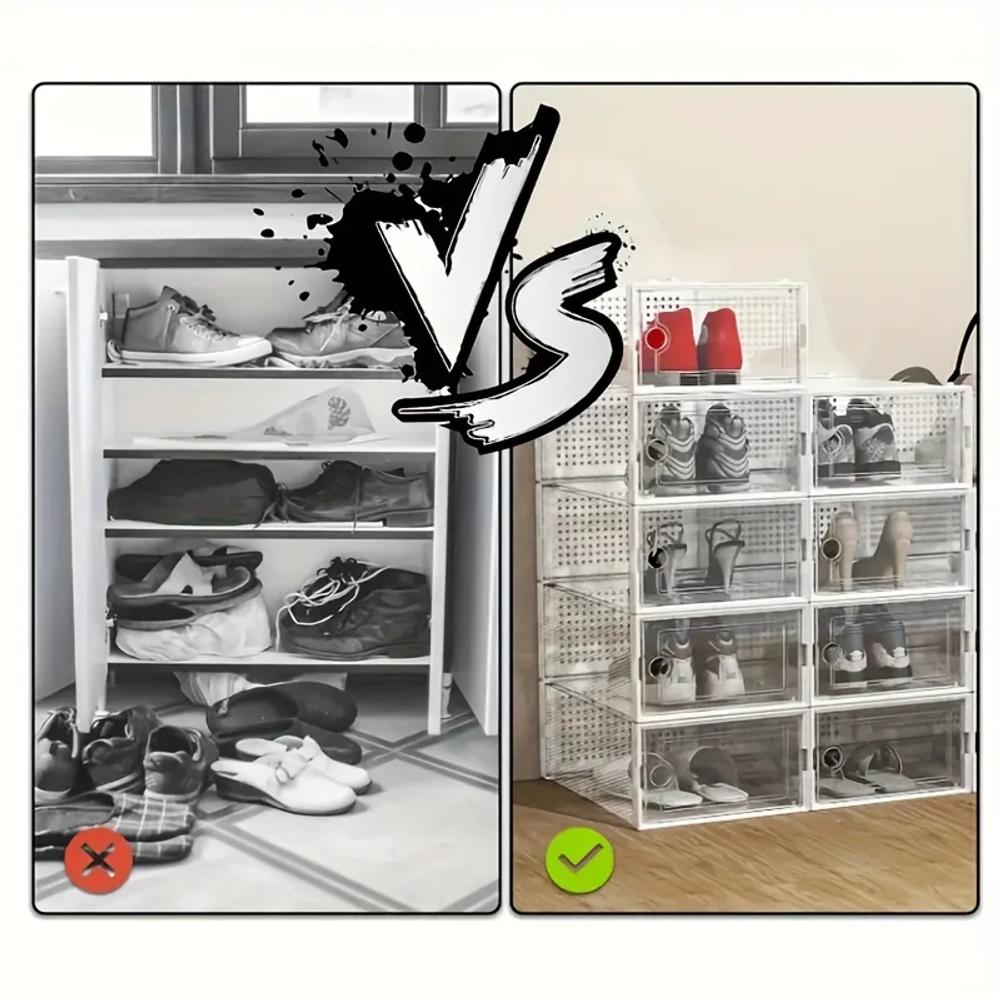 6 Stück modulare platzsparende Schuhbox mit großer Kapazität, transparenter stapelbarer Kunststoff mit Deckel, Sneaker-Displaybox, B