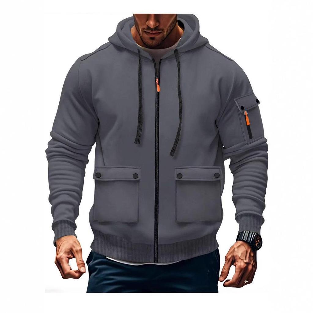 Men's Hooded Zipper Jacket - Autumn/Winter Casual Solid Color Plus Velvet Sweatshirt