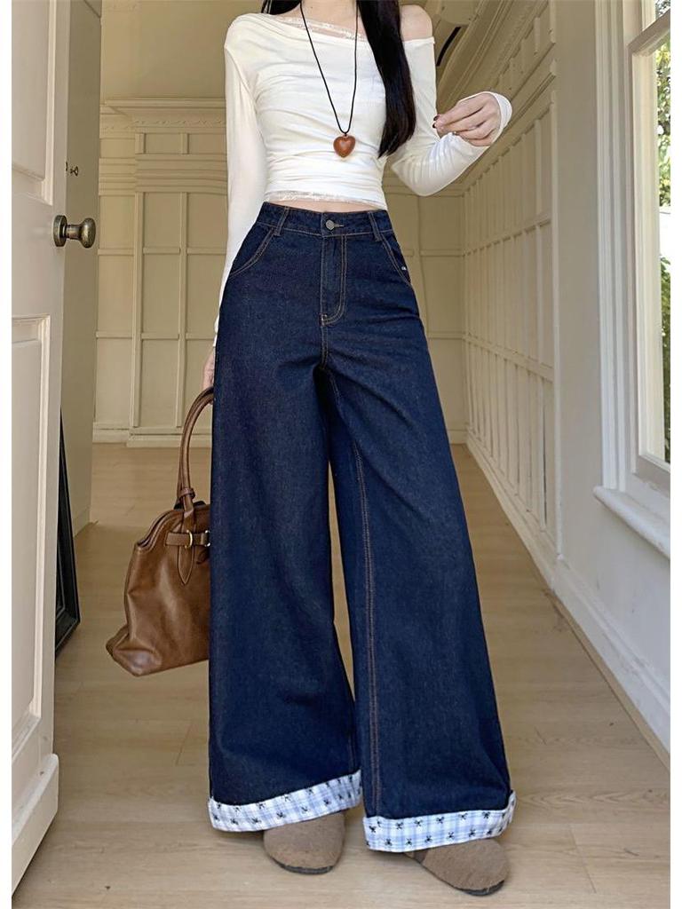 Damen Übergröße Hohe Taille Patchwork Schmetterling Bestickt Weites Bein Jeans