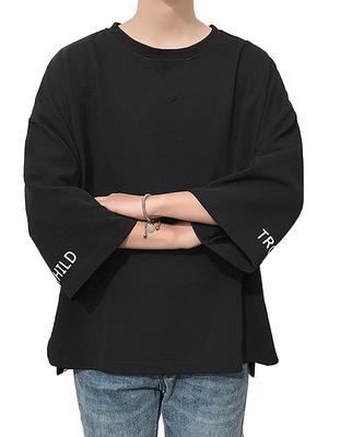 2 große überschnittene Schultern MF91 [Make Be] Locker, weit, Silhouette, T-Shirt, Herren, 3/4-Ärmel, Sommer, (01.Schwarz_M)