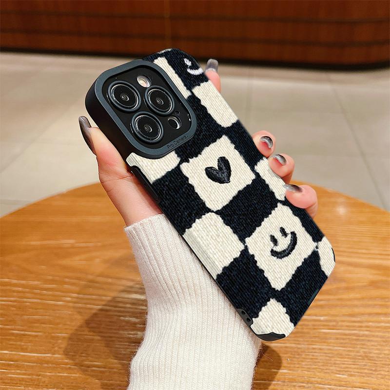 Vertical Grain Leather Shell Cute Love Printed Cover Patterned Soft Silicone Case with Camera Lens Full Protection for iPhone