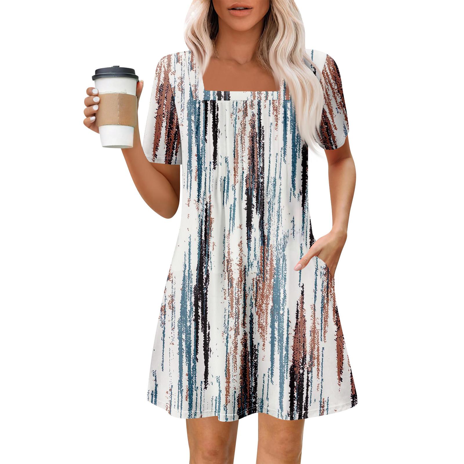 

Женские летние повседневные платья с квадратным вырезом, плиссировкой спереди и карманом, с короткими рукавами и принтом M киноварь