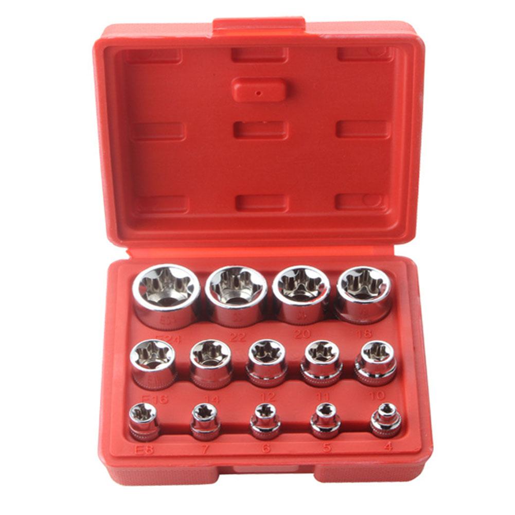 14pcs Female E Star Torx- Socket Set E4-E24 External Hex Socket Insert Nut Versatility Combination Sockets 1/2 3/8 1/4 Drive