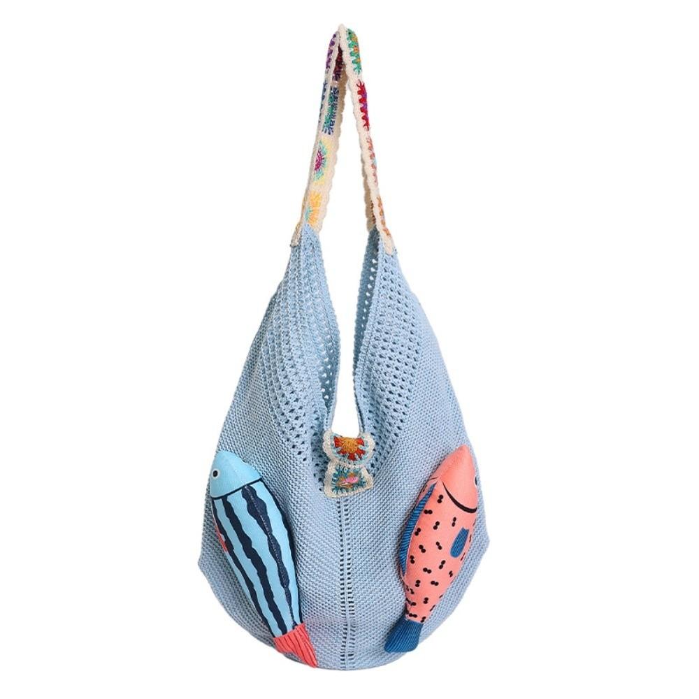 Fish Hollow Out Woven Bag Magnetic Buckle Tassels Beach Handbag Cotton Crochet Shoulder Bag  Beach