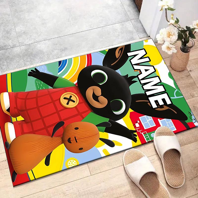 Custom Bing Bunny Mat Personalized Name, Polyester Washable Indoor Entryway Rug, Gift for Christmas, Easter, Thanksgiving Day