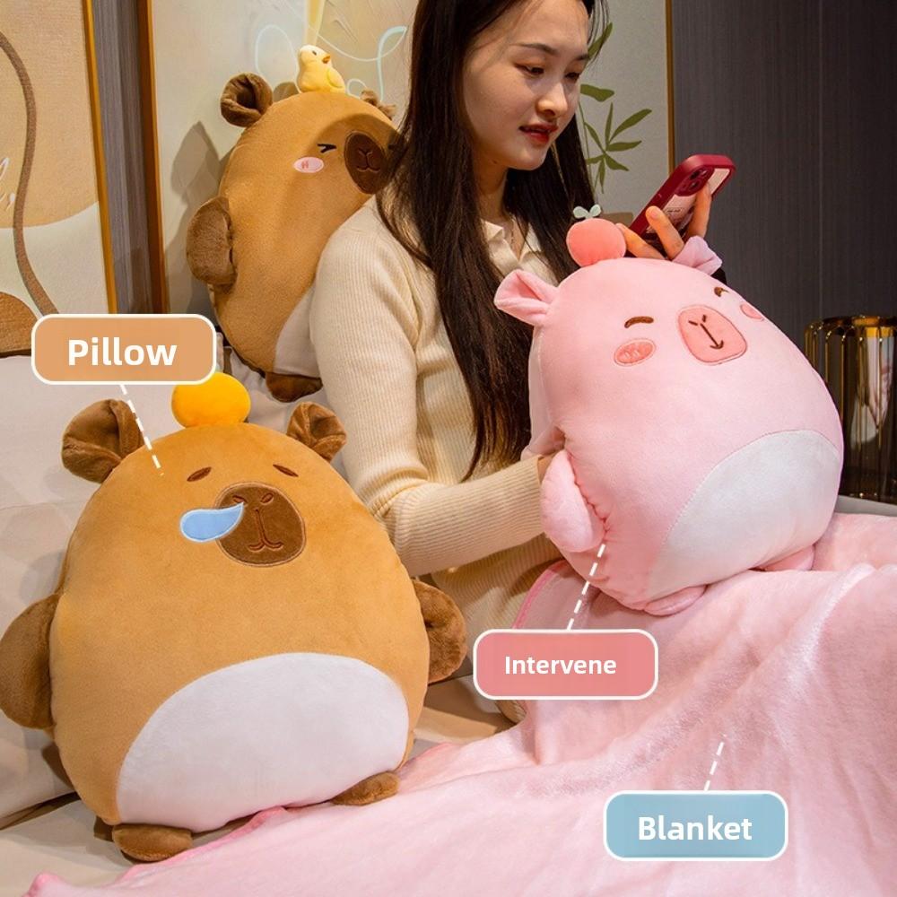 Cute Cartoon Capybara Pillow with Blanket 3 in 1 Napping Car Pillow with Hand Warmer Leg Cover Warm Blanket Office Gift