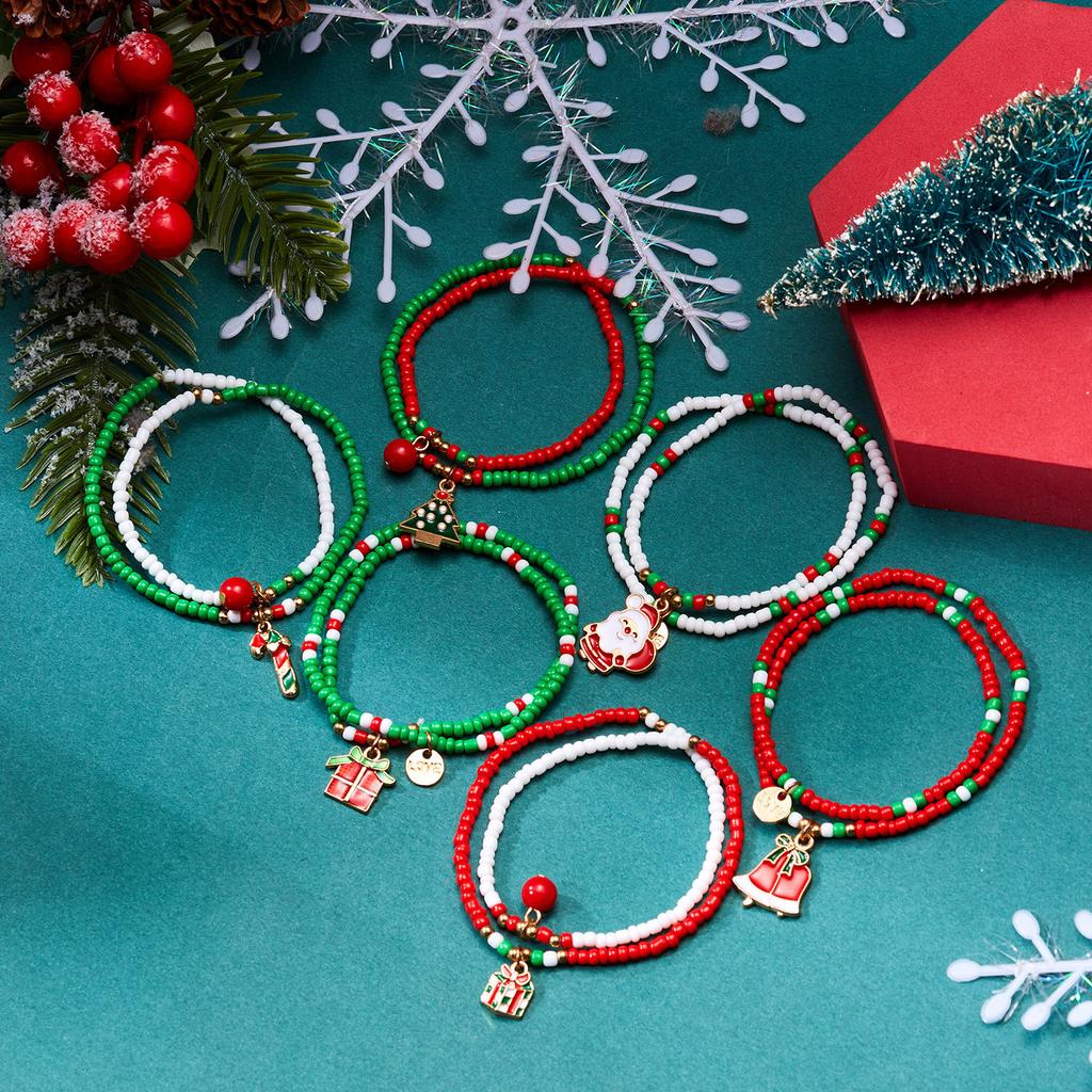 New Hot Snowman Santa Claus Crutch Wreath Pendant Multicolor Rice Beads Bracelet for Women Merry Christmas Zircon Gifts