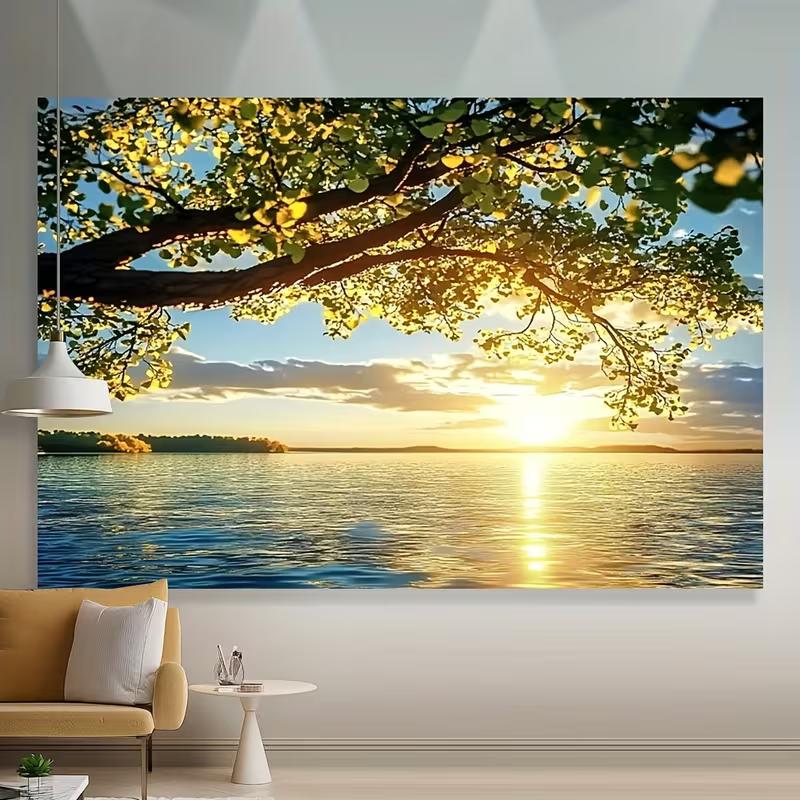 2D Golden Sunset Tapestry Lake Landscape with Overhanging Tree and Sunlit Reflections Wall Art 47.2x31.5inch/120*80cm