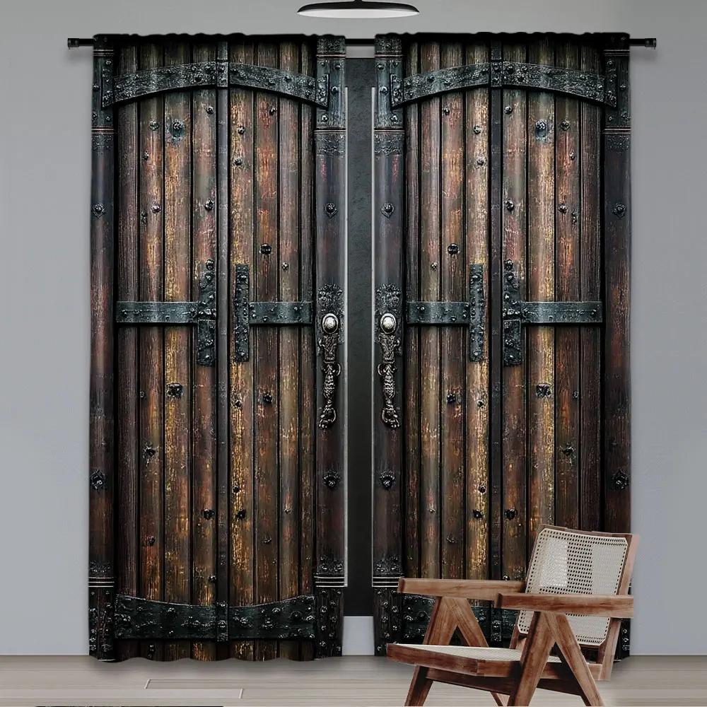 Nostalgic Style Wooden Door Pattern Curtains Suitable Bedroom Bathroom Living Room Dining Study Office Curtain Set Of 2 Made Polyester Washable
