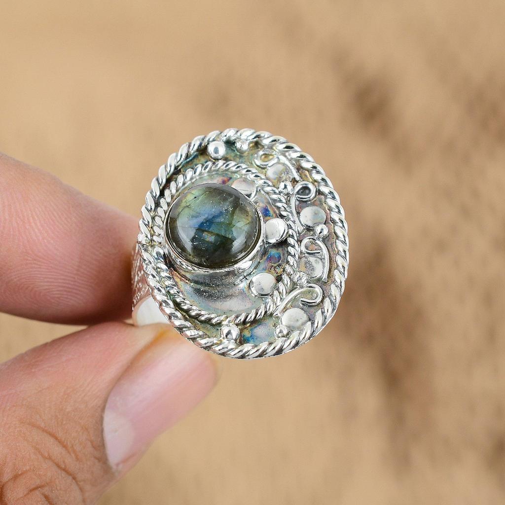 Natural Labradorite Gemstone Promise Adjustable Ring 925 Silver For Girls