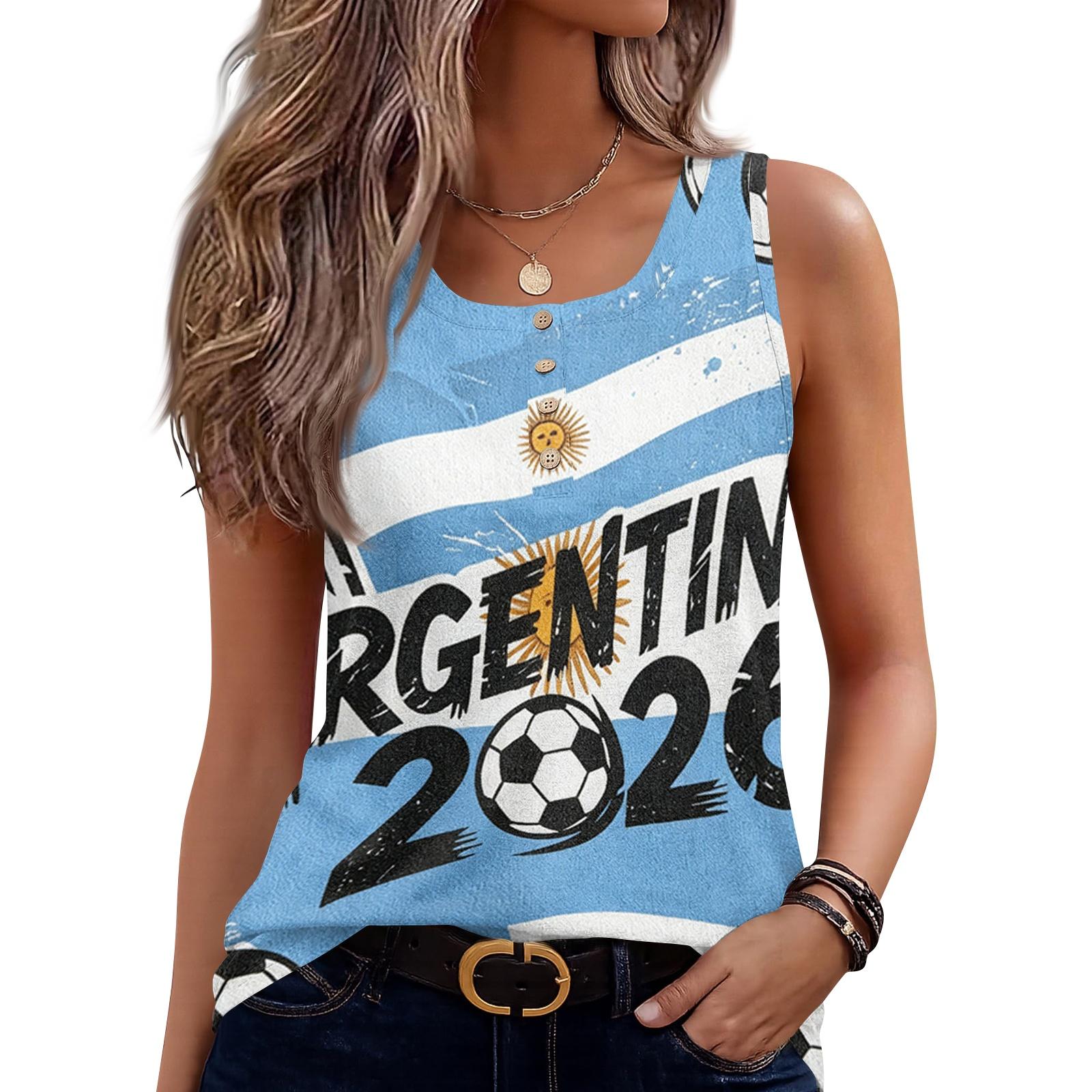 Women Sleeveless Tank Top Casual U Neck Button Front Soccer Graphic Print Shirt Summer Wear Lightweight Breathable Fabric L синий