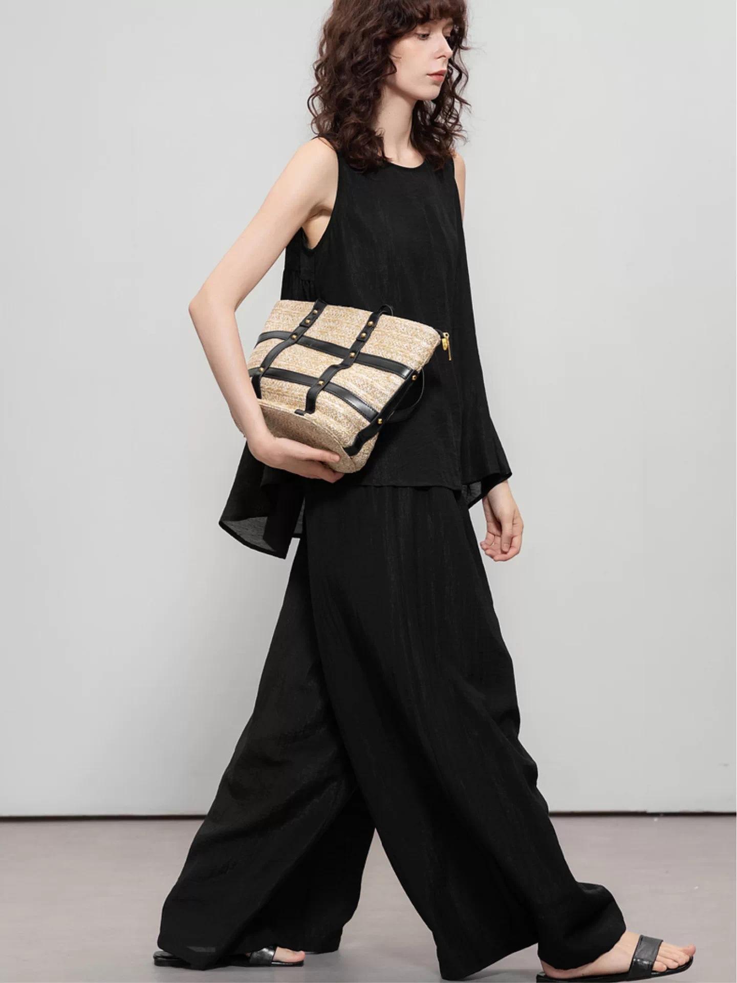 Demana old money style linen suit women s sleeveless top elastic waist casual pants two pieces lazy minimalist style M чёрный