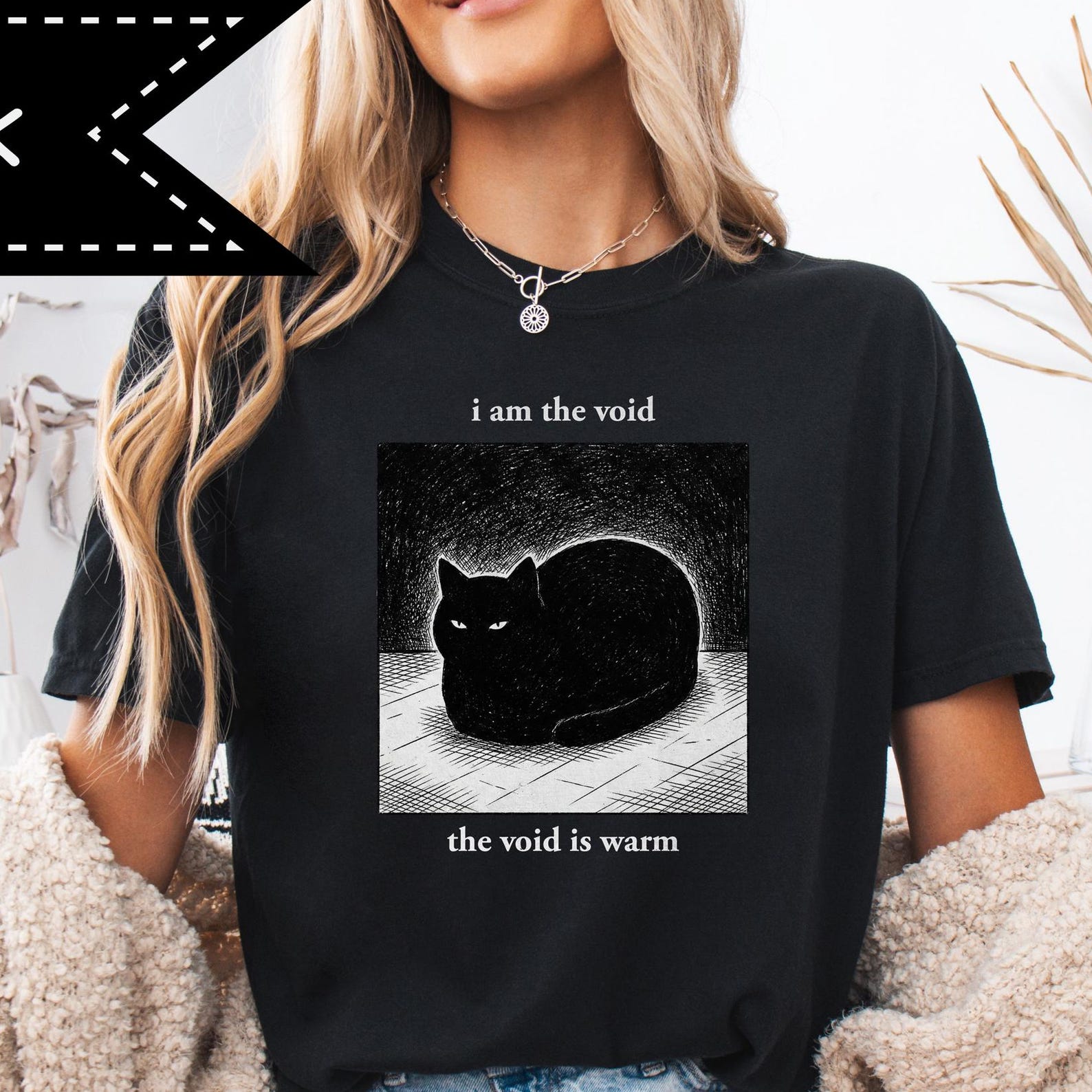 I am the Void Black Cat Tee, Quirky Cat Art T-Shirt, Vintage Punk, Sad Cat Meme Tee M