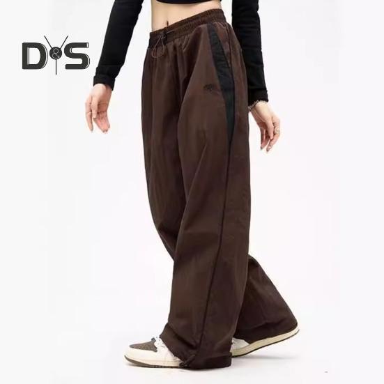 Women Summer Casual Pants Elastic High Waist Straight Wide Leg Long Trousers Contrast Color Pockets Sport Pants Streetwear