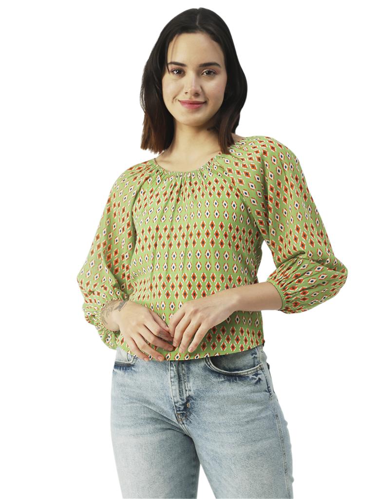 Moomaya Printed Top Round Neck Sheer Long Sleeve Tops For Women