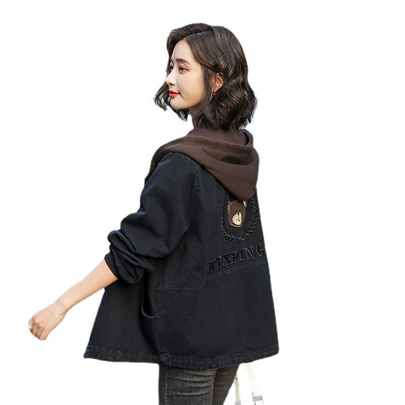 Damska kurtka dżinsowa z kapturem w koreańskim stylu, luźny krój, haftowany miś, blok kolorów