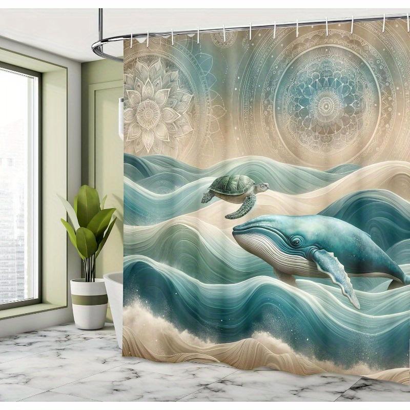 1pc Bohemian Mandala Marine Life Shower Curtain, High Quality Polyester Fiber, with Whales and Turtles for Bathroom Decoration