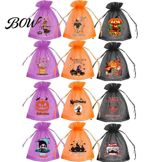 Party Favor Bag 12 Pcs Halloween Organza Candy Bag, Drawstring Treat Pouch with Pumpkin Ghost Bat Spooky Print, Sheer for Snacks, Trick or Gift