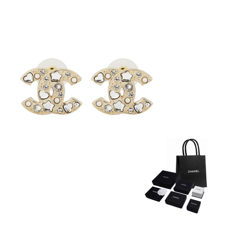 

CHANEL [25P Spring and Summer] Double C edge with irregular rhinestone design metal earrings for women gold золотий