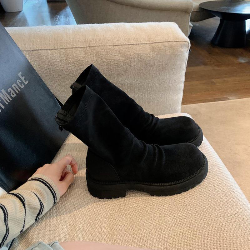 Sheepskin trendy thick heel thick sole thin boots round head pleated rear zipper stack short boots Martin boots women's autumn