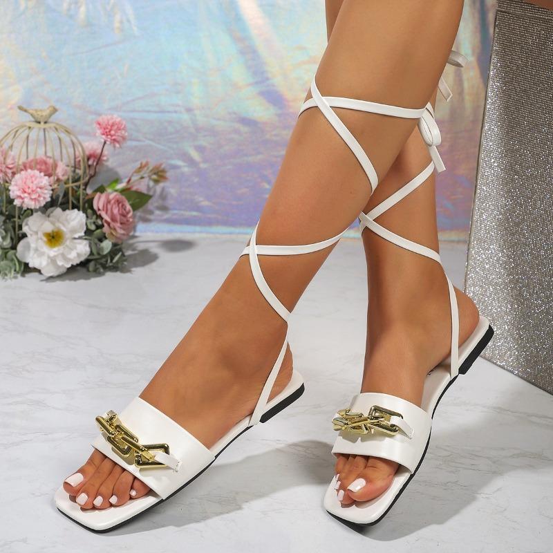 Dámské ploché sandály ve velkých velikostech, nová letní móda, řetízkové pásky kolem kotníku, dámské sandály