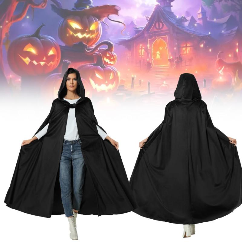 Halloween Long Hooded Cloak Cape Vampire Witch Black Spooky Fancy Unisex Outfit