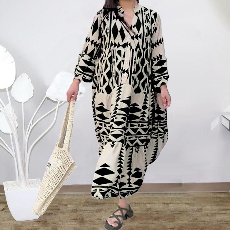 2026 Cross-border Plus Size European & American Women's Bohemian Print Pullover Dress for Autumn
