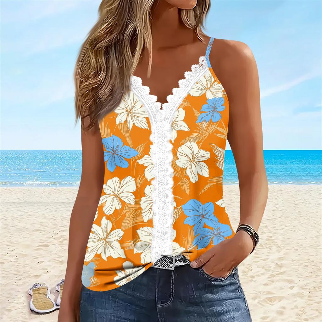 Dame Topp Ermeløs Strandtopp Med Blonder Halslinje Og V-Hals Trykkstropp