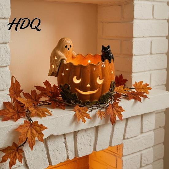 Holiday Gift for Cat Lovers Halloween Pumpkin Candle Holder Resin Ghost Black Tea Light Hollow Starlight Shadow Lamp Stand Retro Distressed
