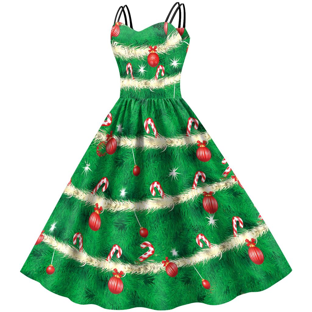 New candy Christmas dress, new European and American green digital print dress, slip dress for women