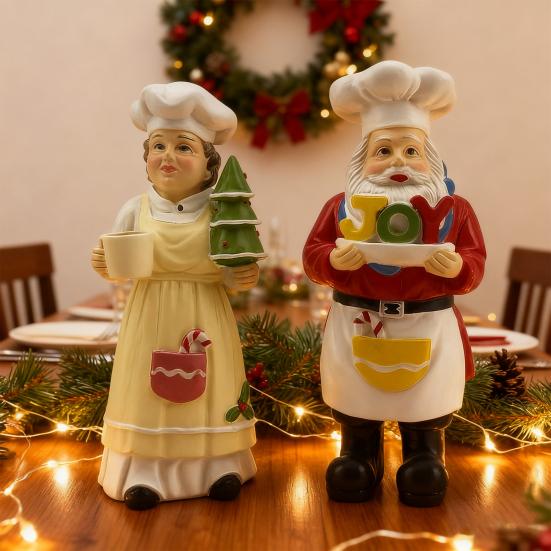 Mr. And Mrs. Santa Claus Figurine Hand-Painted Christmas Resin Ornament Couple Gingerbread Man Elk Statue for Holiday Table Mantel Decor