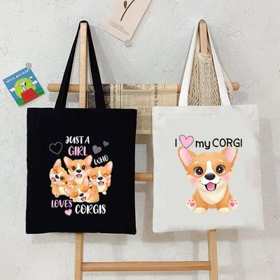 Loves Corgis Print Canvas Tote Bag Women Shopping Bag Teen Foldable Large Capacity Corgis Lover Shoulder Handbag