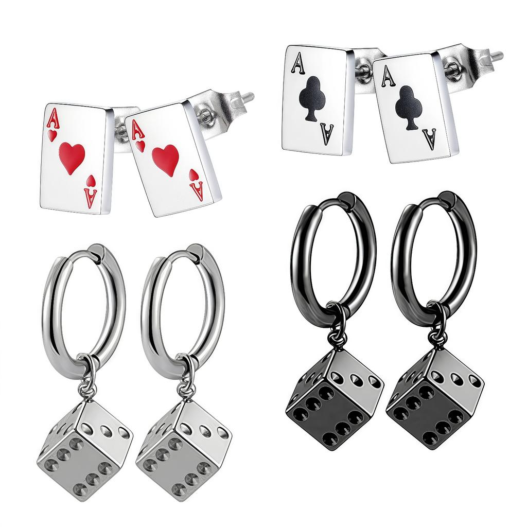 Edelstahl Ohrstecker für Damen Herren Poker Dame Herz Rot Würfel Creolen Ohrringe Piercing Schmuck Zubehör Casino