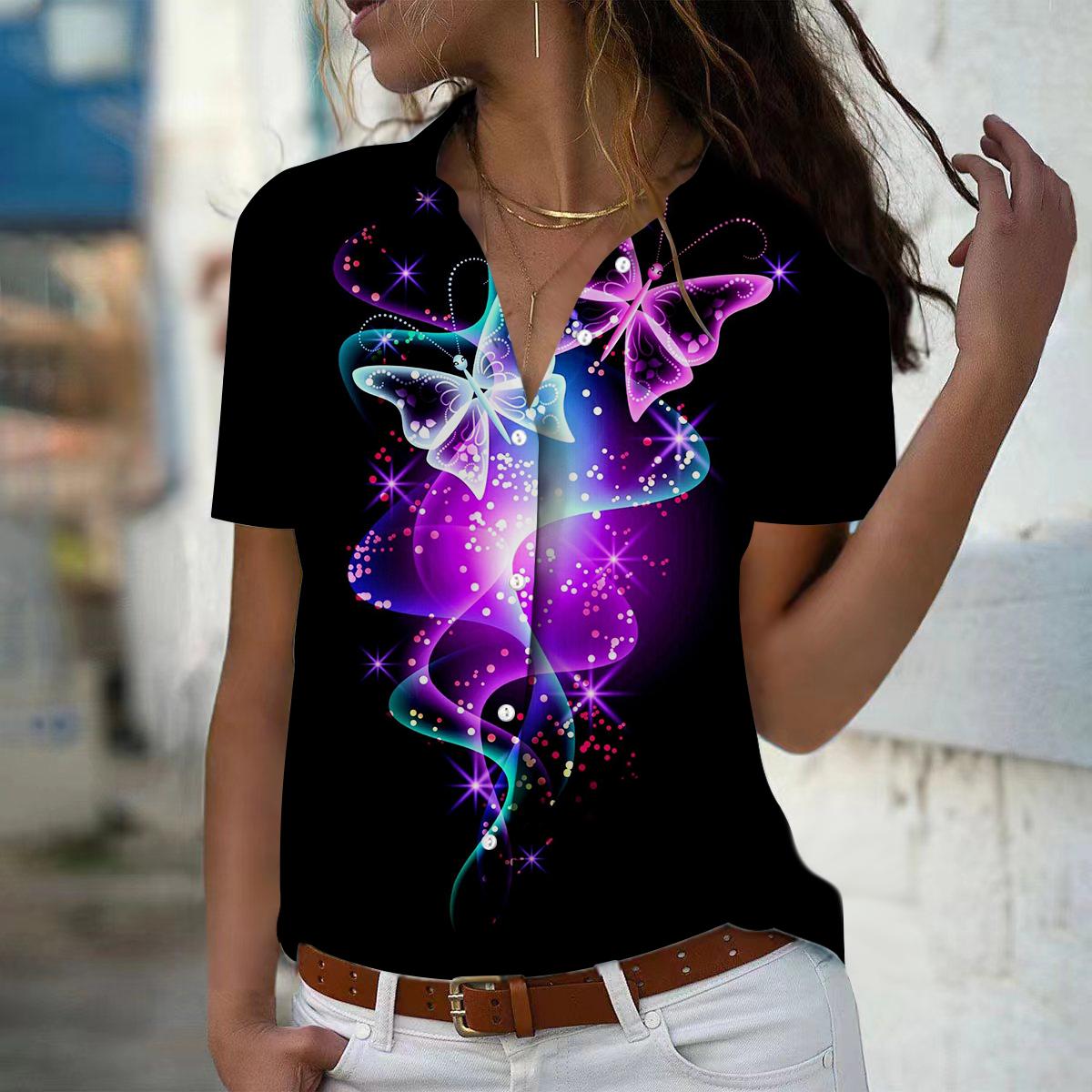 

2025 Summer New Fashion Women s Butterfly Printed Short Sleeve V-neck Casual Button-down Shirt Top XS фіолетовий